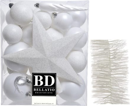 Kerstballen 5-6-8 cm 32x st met ster piek en slinger - wit - kunststof