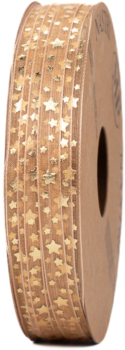 Kerstlint - organzalint - 6 mm x 25 meter - goud - gouden sterretjes