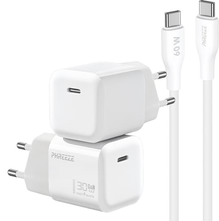 GaN 30w usb C adapter 1m set - Oplader met usb C naar usb C kabel wit