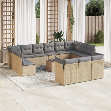 vidaXL - 14-delige - Loungeset - met - kussens - poly - rattan - beige