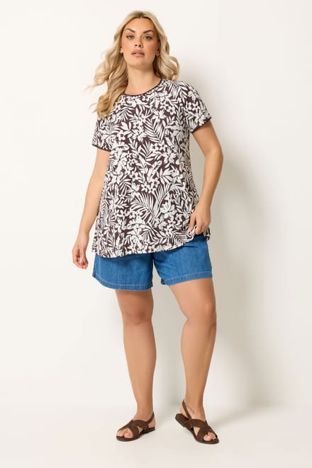 Yours Bruin Tshirt Met Bladprint, Contrasterend Stiksel En Wijd Model Size 44