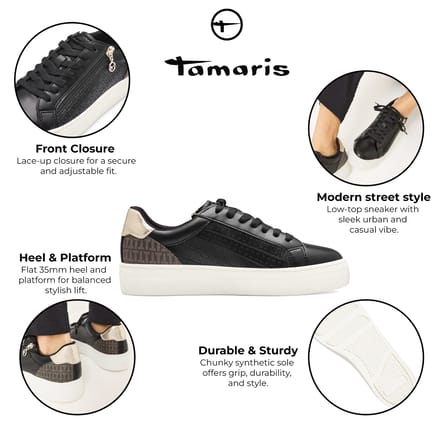 Tamaris Dames Zwart Goud Kunstleren Mode Veterschoenen