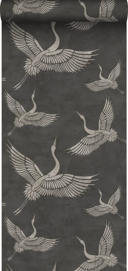 ESTAhome behang kraanvogels donkergrijs - 53 cm x 10.05 m - 139334
