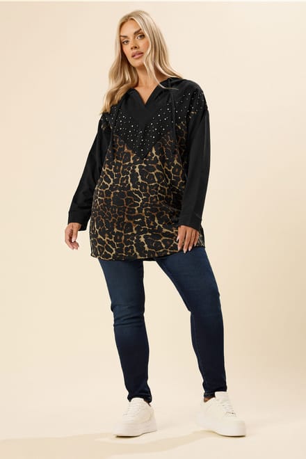 Yours Zwarte Luipaardprint Stud Hoodie Size 50-52