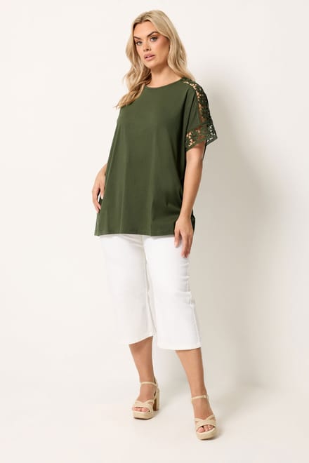 Yours Kakigroen Boxy Tshirt Met Gehaakte Mouwen Size 50-52