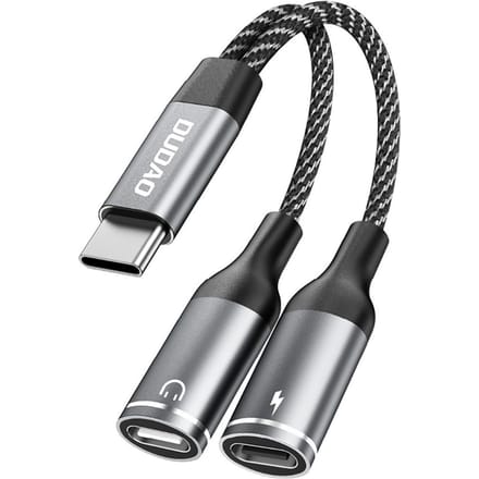 2-in-1 Adapter USB-C Splitter voor Stroom en Koptelefoon Grijs