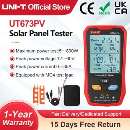 UNI-T UT673PV Zonnepaneeltester 5~800W PV-module Maximaal Vermogenmeter Open Circuit Spanning Kortsluitstroom MPPT-meter