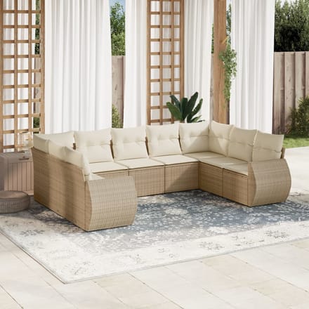 vidaXL - 9-delige - Loungeset - met - kussens - poly - rattan - beige
