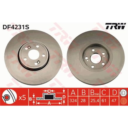 Remschijf TRW DF4231S voorkant, geventileerd, 1 Stuk