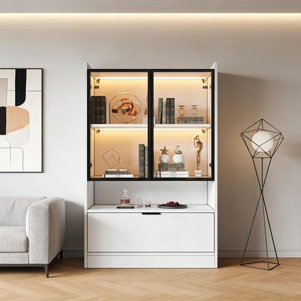 Sweiko Vitrinekast - Boekenkast - LED-verlichting - Glazen deuren - Spaanplaat - Wit