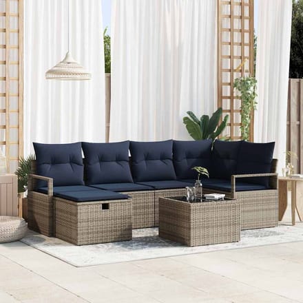 vidaXL - Bankstel - 7 - st - Grijs - en - Marineblauw - poly - rattan