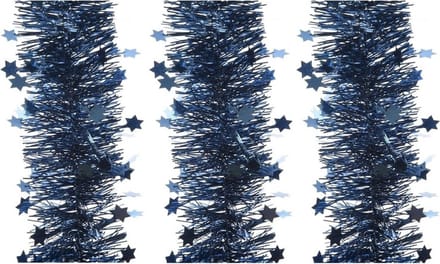 Decoris Kerstslinger - 3x - sterren - donkerblauw - 270 x 10 cm - lametta/folie - kerstboomslinger