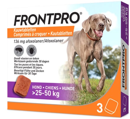 FRONTPRO Hond XL - 25 - 50 Kg - Kauwtabletten tegen Vlooien en Teken - 2 x 3 Tabletten