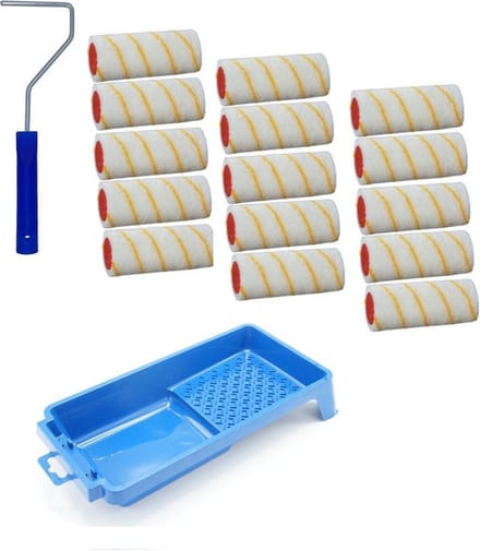 15x verfroller / vachtrollers incl rollerbeugel en verfbakje - 10 cm - rollers voor het schilderen van wanden en plafonds