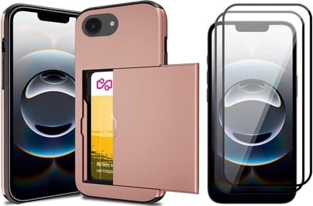 Hoesje met Pasjeshouder geschikt voor iPhone 16e - 2x Screen Protector FullGuard - Back Cover SlideCase Roségoud & Screenprotector