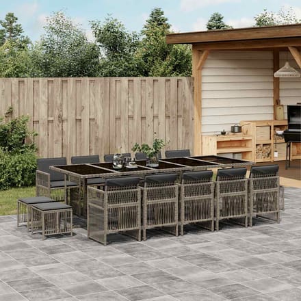 vidaXL - 15-delige - Tuinset - met - kussens - poly - rattan - grijs