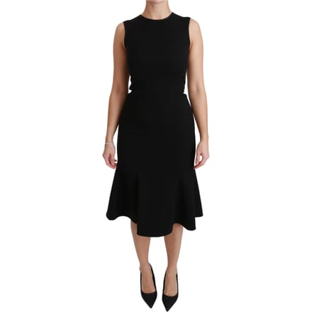 Dolce & Gabbana Dameszwarte Fleurige Wollen Stretch Sheath Jurk
