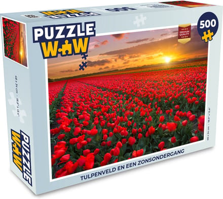Puzzel Tulpenveld en een zonsondergang - Legpuzzel - Puzzel 500 stukjes