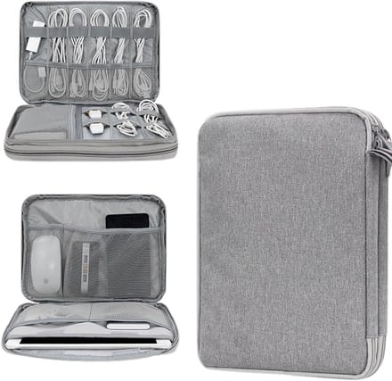 Dubbellaagse organizer voor reiskabels en elektronische accessoires, tas voor tablet en e-reader, grijs, multifunctioneel en compact, 1 stuk