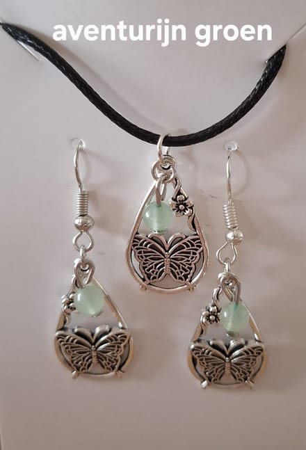 Set Ketting / Oorbellen Waterdruppel / Vlinder Aventurijn Groen