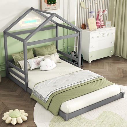 MODFU Bedframe 140x200 cm – grijs – huisvormig ontwerp met lattenbodem – kindvriendelijk
