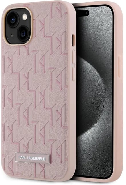 Karl Lagerfeld iPhone 14 en iPhone 13 Magsafe - Monogram Metal Logo - Roze