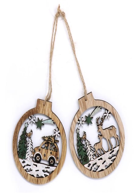GUIRMA - 2 houten kerstboomhangers met besneeuwd bosdecor 10 cm