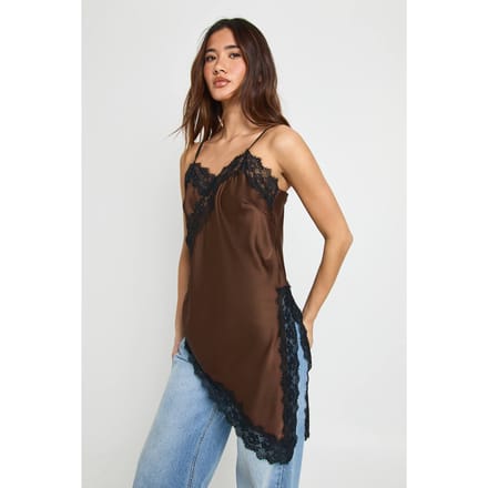 boohoo Dames Satijn Kant Contrast Longline Cami | Chocoladebruin | Maat: 36