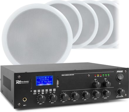 2-zone geluidsinstallatie met Bluetooth, 10 plafondluidsprekers en 100 meter luidsprekerkabel