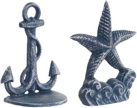 Deurstopper Zeester/Anker - blauw - gietijzer - 15 cm - maritiem