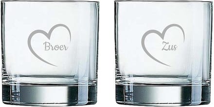Gegraveerde Whiskeyglas 38cl Broer met hartje & Zus met hartje