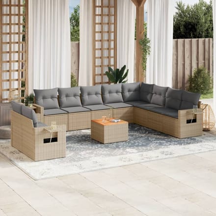 vidaXL - 11-delige - Loungeset - met - kussens - poly - rattan - gemengd - beige