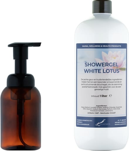 Zeepdispenser 300 ml amber bruin hervulbaar + 1 liter Showergel White Lotus navulling