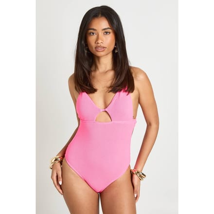 boohoo Dames Badpak Met Diepe V-hals, Keyhole Uitsnijding En Crinkle Structuur | Roze | Maat: 42