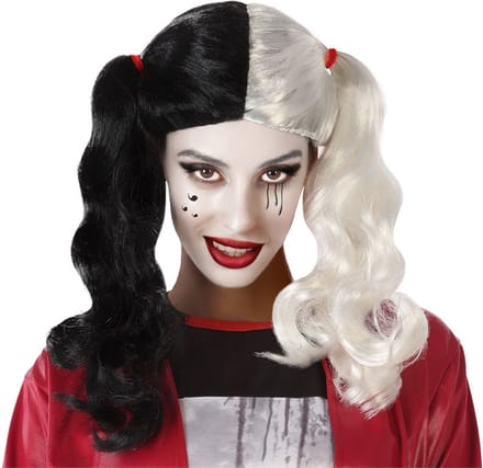 Atosa Halloween verkleedpruik lang haar met staartjes - zwart/wit - dames