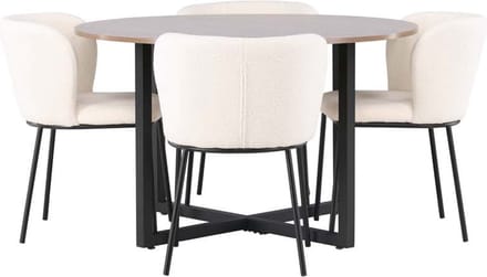 Durango eethoek tafel okkernoot decor en 4 Edina stoelen wit.