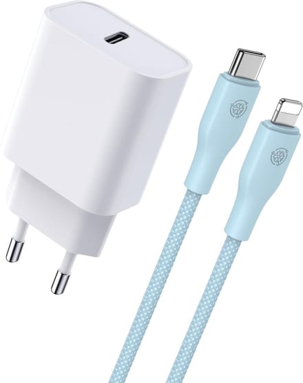 Usb-C Oplader Set geschikt voor iPhone Snellader - 1 Meter - 20w Fast Charge Lader met usb C Kabel - Blauw