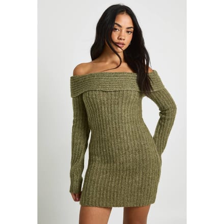 boohoo Dames Chunky Knit Bardot Mini Jurk | Khaki | Maat: Medium