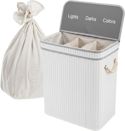 Wasmand 3 vakken - 105 l - opvouwbaar - bamboe - wit