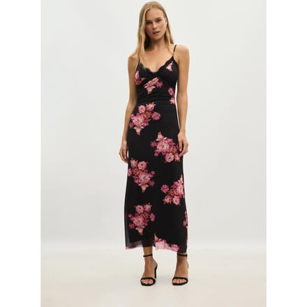Stradivarius Midi-jurk van tule met kant en print  Zwart L