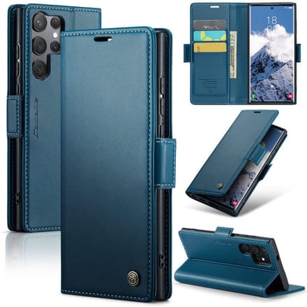 CaseMe Wallet Case met RFID Bescherming en Magneetsluiting + Glas Screenprotector voor Galaxy S25 Ultra_ Blauw