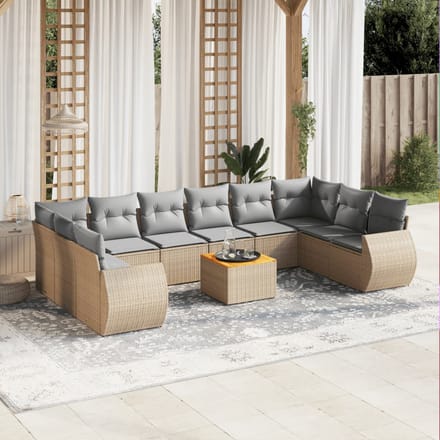 vidaXL - 11-delige - Tuinset - met - kussens - poly - rattan - beige