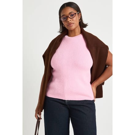 boohoo Dames Plus Gebreide Vest met ronde hals | Pink | Maat: 28