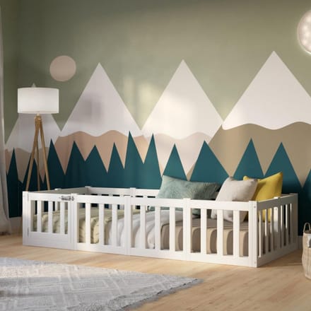 Montessori Kinderbed Vloerbed 200x90 cm Wit met Valbescherming en Openklapbare Barrière