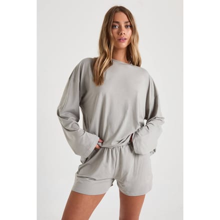 boohoo Dames Modal Oversized Lange Mouw Top & Shorts Pyjama Set | Grey | Maat: 8