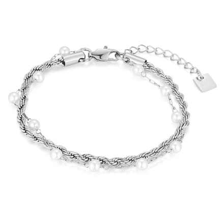 Twice As Nice Armband in edelstaal, dubbel met parels 16cm+3cm