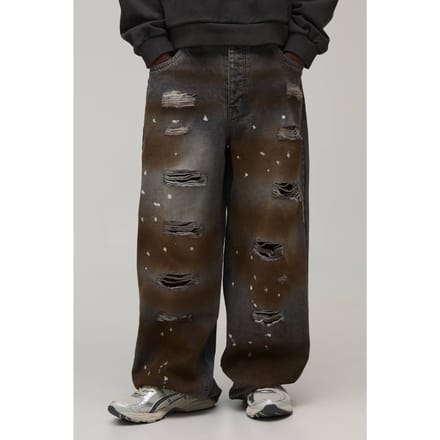 Super Baggy Jeans Met Verfspetters, Distressed En Scheuren | Washed Charcoal | Size 32