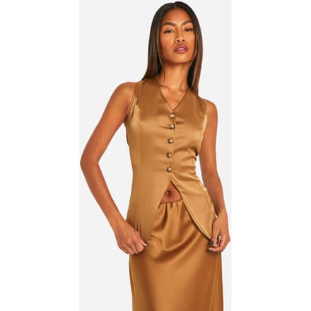 boohoo Dames Fluid Premium Satijn Longline Gilet | Mocha | Maat: 6