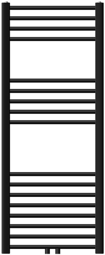 LuxeBath badkamer radiator Sahara 500x1200 mm zwart mat gebogen middenaansluiting + aansluitset met thermostaat recht door vloer chroom, radiator handdoekwarmer handdoekdroger handdoekverwarmer