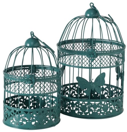 Set van 2 decoratieve vogelkooitjes in groen metaal